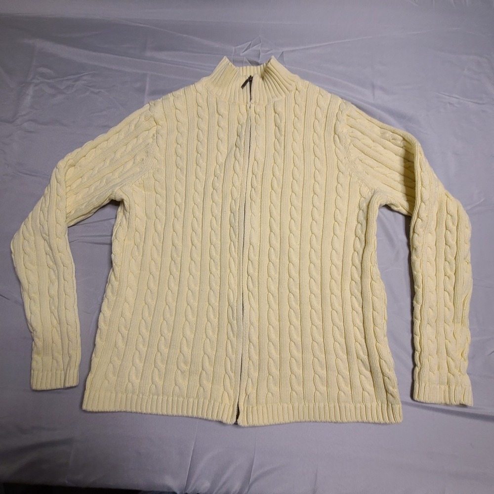 Ll Bean Cable Knit Sweater XL Womens Mock Neck Yellow Grandma Full‎ Zip